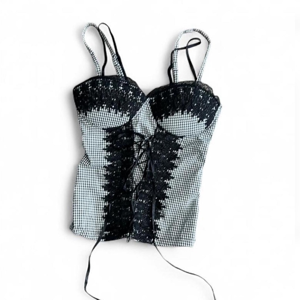 Seductions Black & White Lace-Up Bustier Camisole